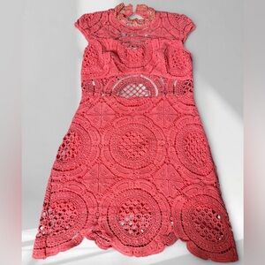 bebe Pink Crochet Cut Out Mini Dress High Neck Cap Sleeve